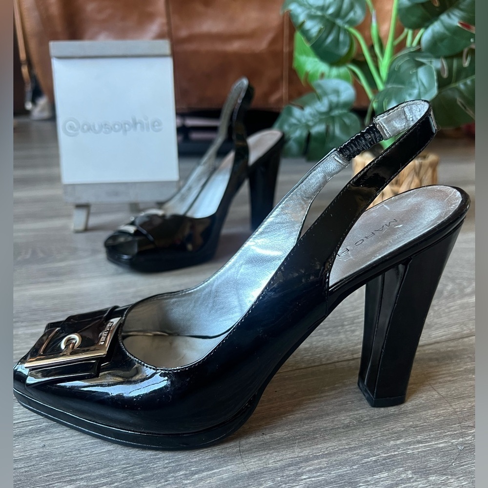 Marc fisher pilgrim buckle peep toe black patent slingback heel Size 7
